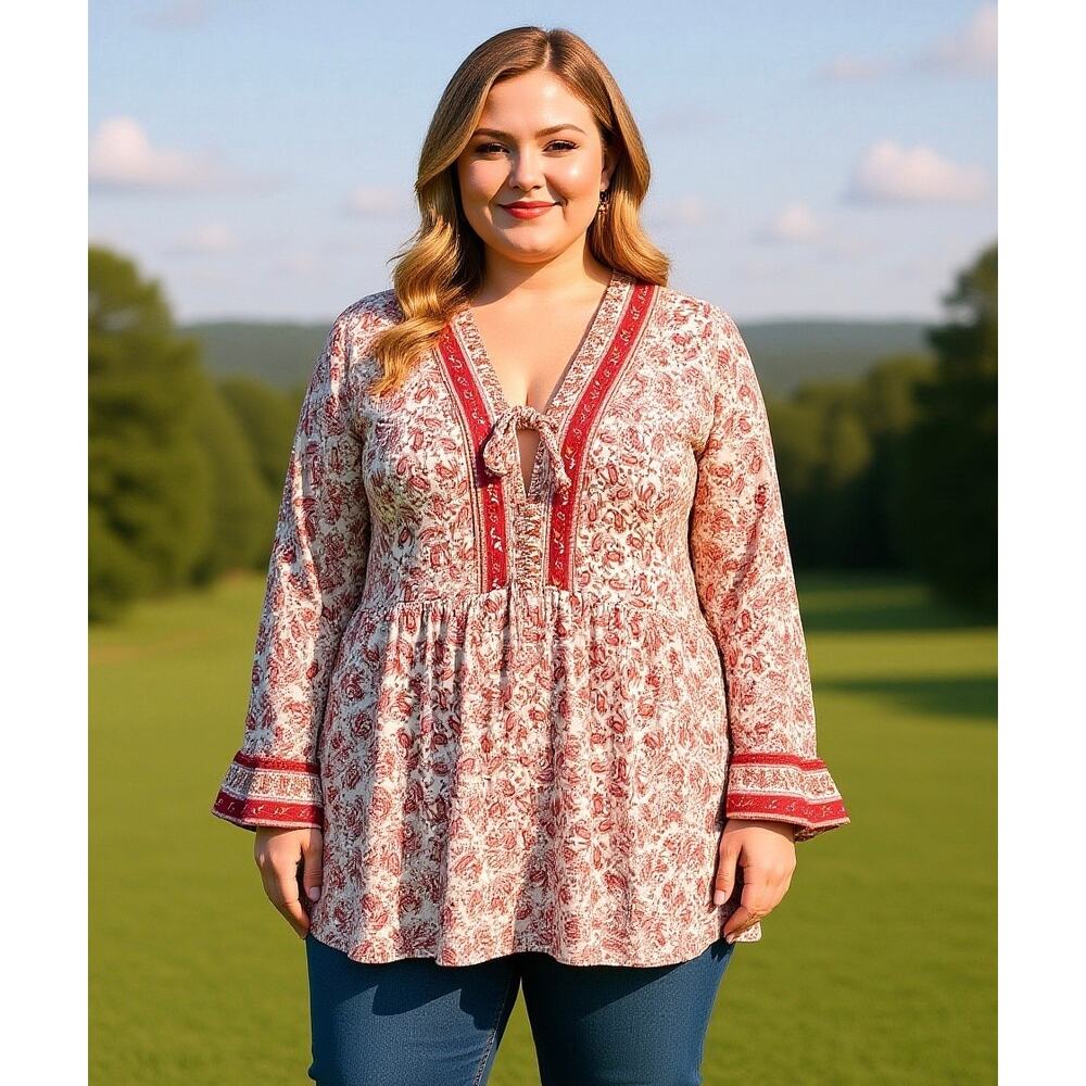 Cynthia Rowley Red Paisley Boho Tunic Blouse Top Flare Sleeve 1X Hippie Bohemian